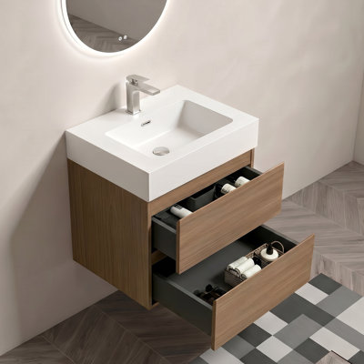 Wren Modern Wall Mounted Bathroom Vanity with Integrated Sink & Double Storage Drawers