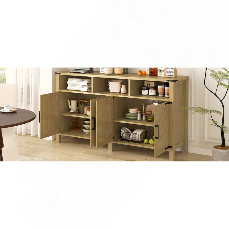59"W Sideboard with Cabinets with Adjustable Shelves and Charging Ports, Brown