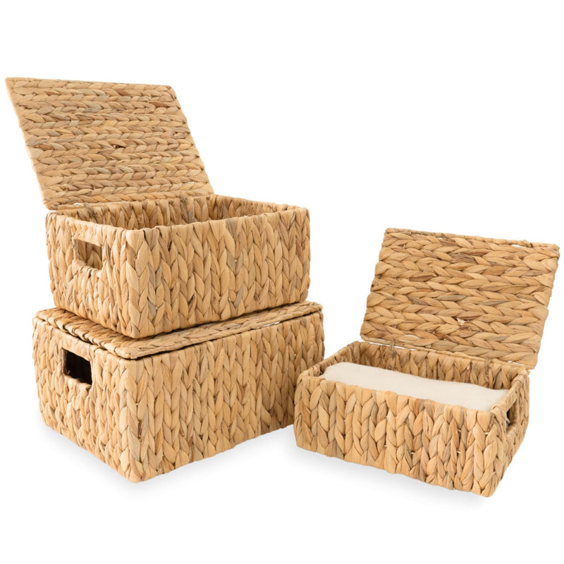 Rustic Rectangular Wicker Storage Basket Set With Lids