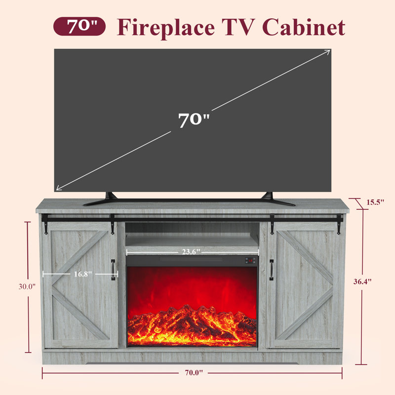 70" TV Stand With Electric Fireplace,Vintage Double Door Fireplace Cabinet For Living Room,Bedroom,Music Player/Entertainment Center, Adjustable Color/Temperature/UL List