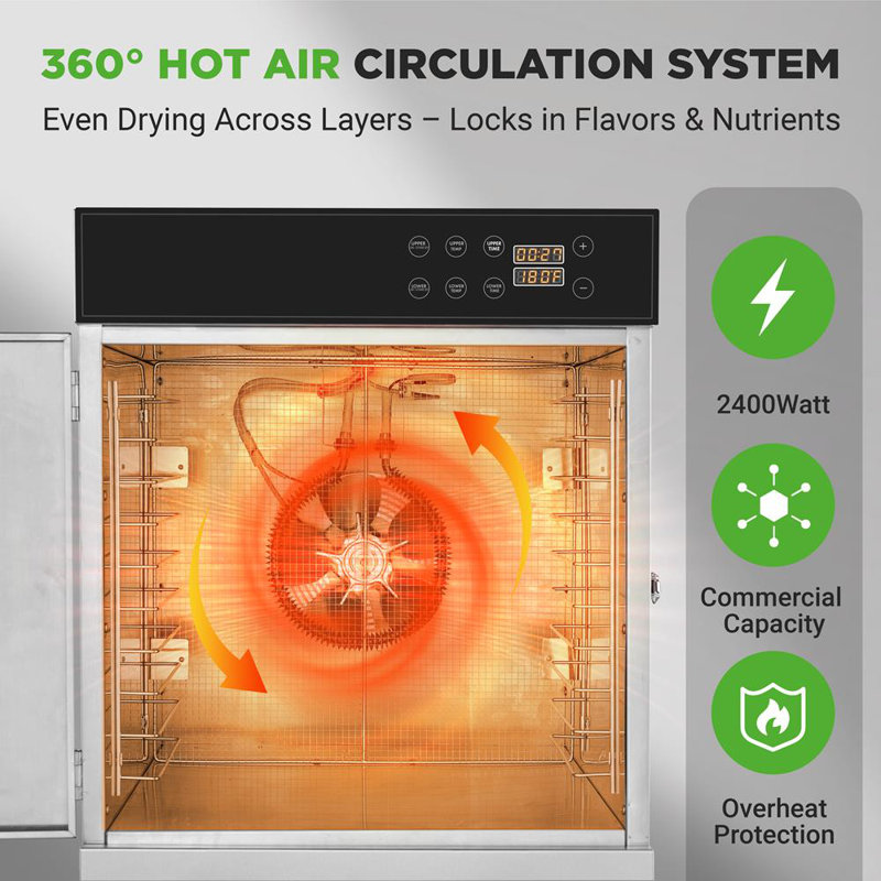 Nutrichef 32 Layer & 2 Chamber Commercial Food Dehydrator Machine - Stainless Steel Trays, Digital Timer And Temperature Control, Ideal For Jerky Meat, Fruit, Pet Treats, Vegetables, And Herbs