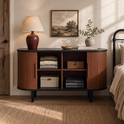 49" Curved Fluted Tambour Sideboard Buffet Cabinet with Built-in Charging Station, Oval Storage Console for Living Room, Dining Room & Entryway