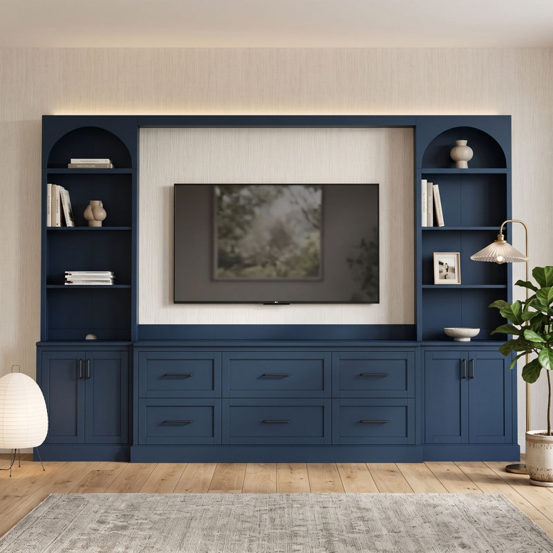 Meuble audio-vidéo moderne avec 6 tiroirs, 2 armoires, tablettes réglables et système de gestion des câbles, Bleu