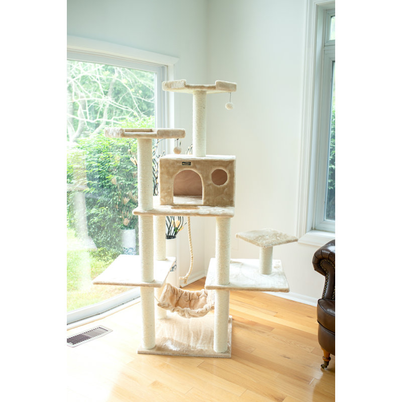 Beige Faux Fur Multi-Level Cat Tree with Sisal Posts