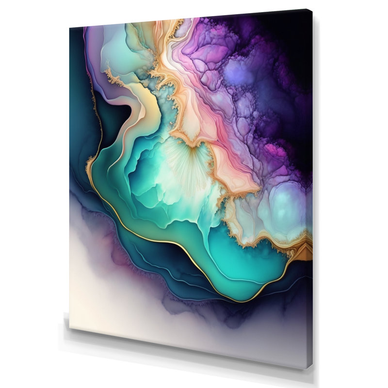 Bleu et mauve abstrait Geode II - art mural abstrait en marbre, H 44 po x l 34 po x P 1,5 po, Toile tendue