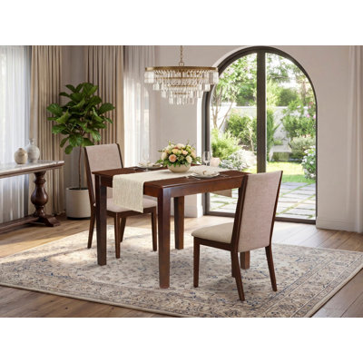 3 Piece Dining Room Furniture Set Contains a Square Dining Table and 2 Light Tan Linen Fabric Upholstered Chairs, 36x36 Inch, Mahogany
