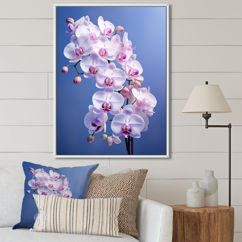 Orchidées mauves élégantes I - imprimé, H 20 po x l 12 po x P 1 po, Cadre flottant blanc