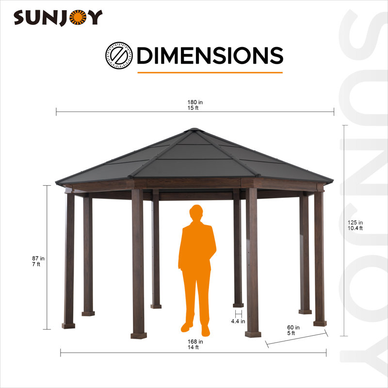 Sunjoy 15 x 15 ft. Octagon Hardtop Gazebo Black Aluminum Roof Gazebo with Metal Ceiling Hook