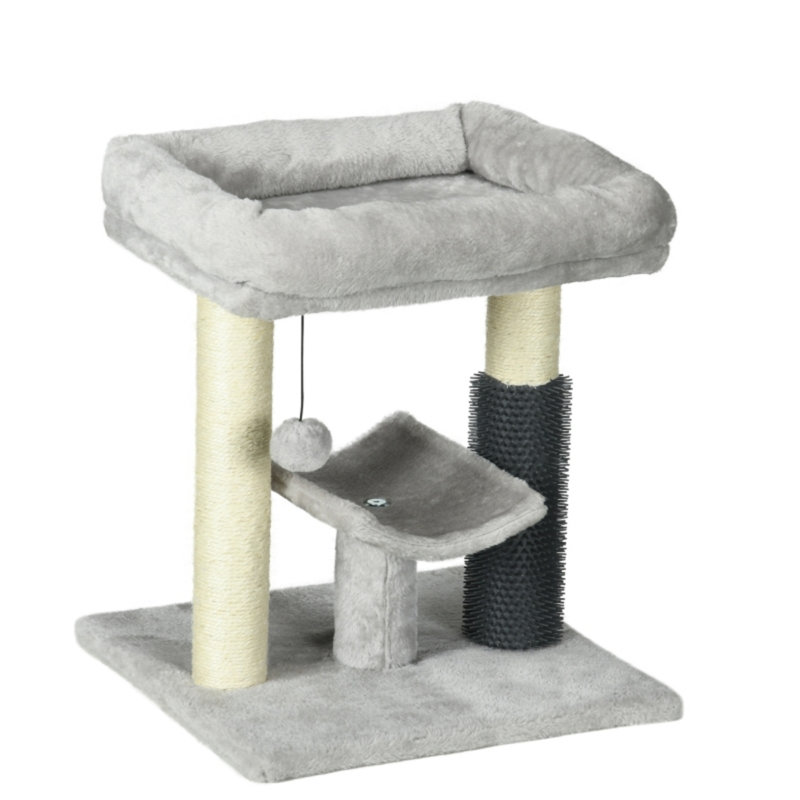 48 cm Small Cat Tree with Scratching Posts, Bed, Perch, Self‑Groomer & Toy, Grey