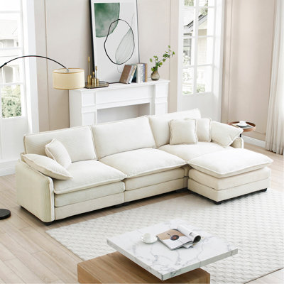 Oversize 3-Seater Sofa With One Footrest, L-Shaped Sectional Sofa With Ottoman For Living Rooms, White Corduroy Sofa