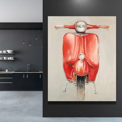 Small Red Moped Vintage Canvas | Home Decor Transportation Art