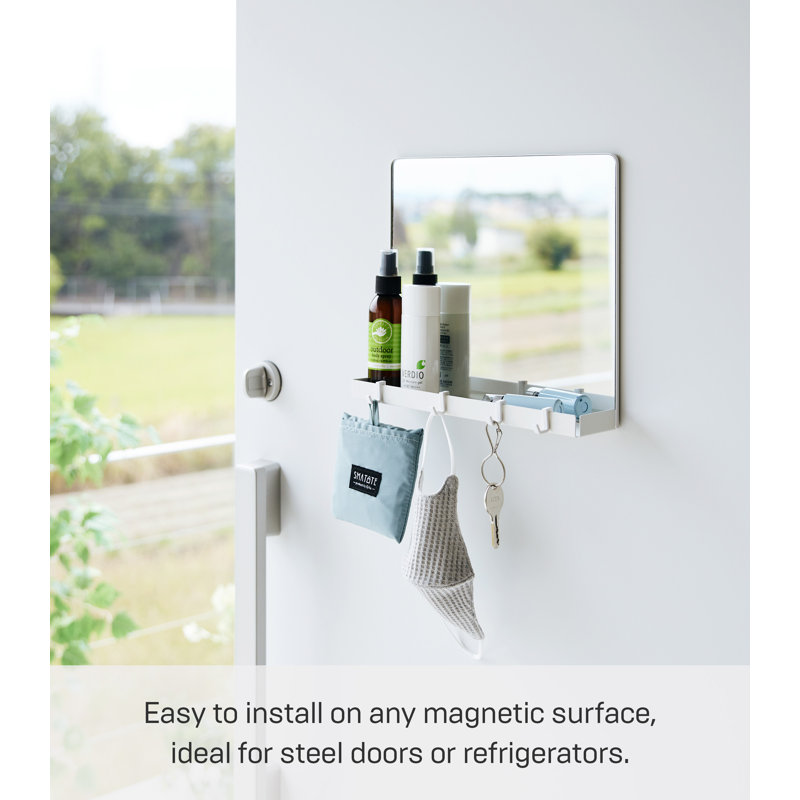 White Glass Magnetic Mirror with Storage Rack and Hooks