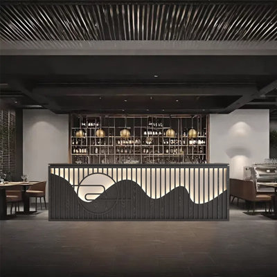 102.36-Inch Vintage Front Desk Bar Counter with Dual Countertop Design, Wine Storage and Lockable Drawers by KPXU Bar Counter