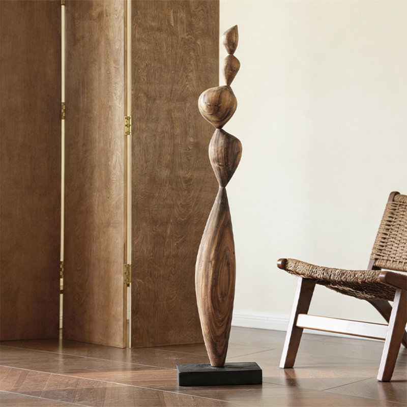 Ornement en bois de noyer de 46,65 po naturel et noir de style Wabi-Sabi