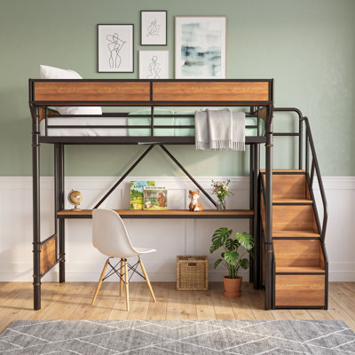 Lit mezzanine avec bureau intégré, prise de courant, éclairage DEL et garde-robe ouverte