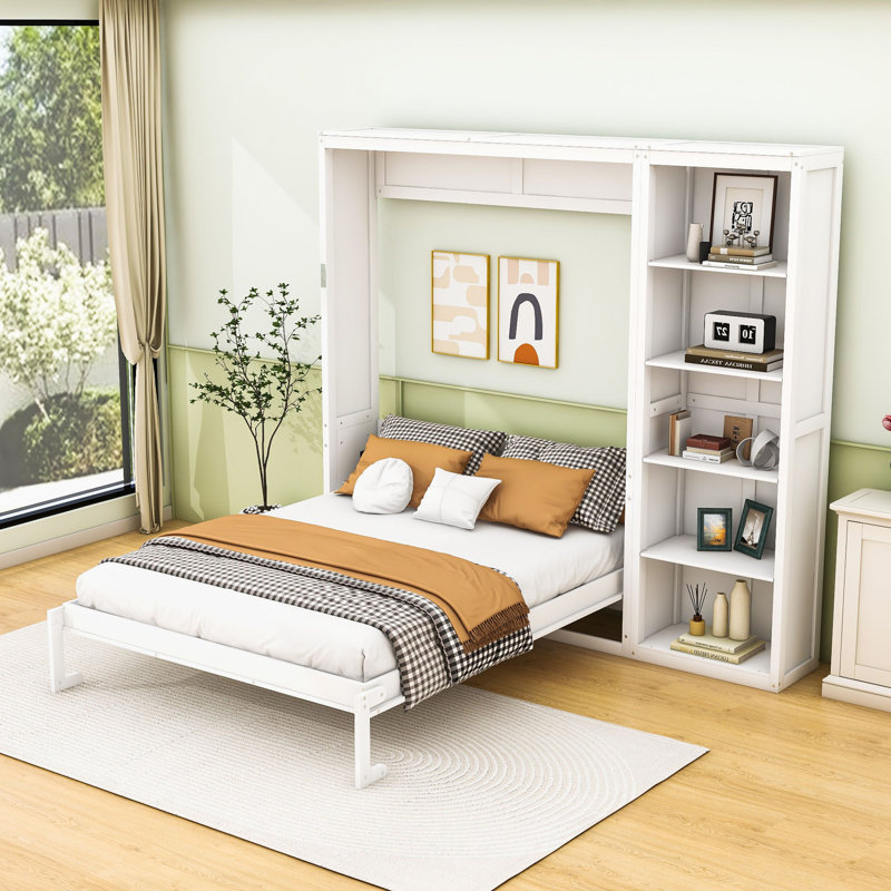 Lit escamotable en bois avec tablettes et lattes Geva, Double, Blanc