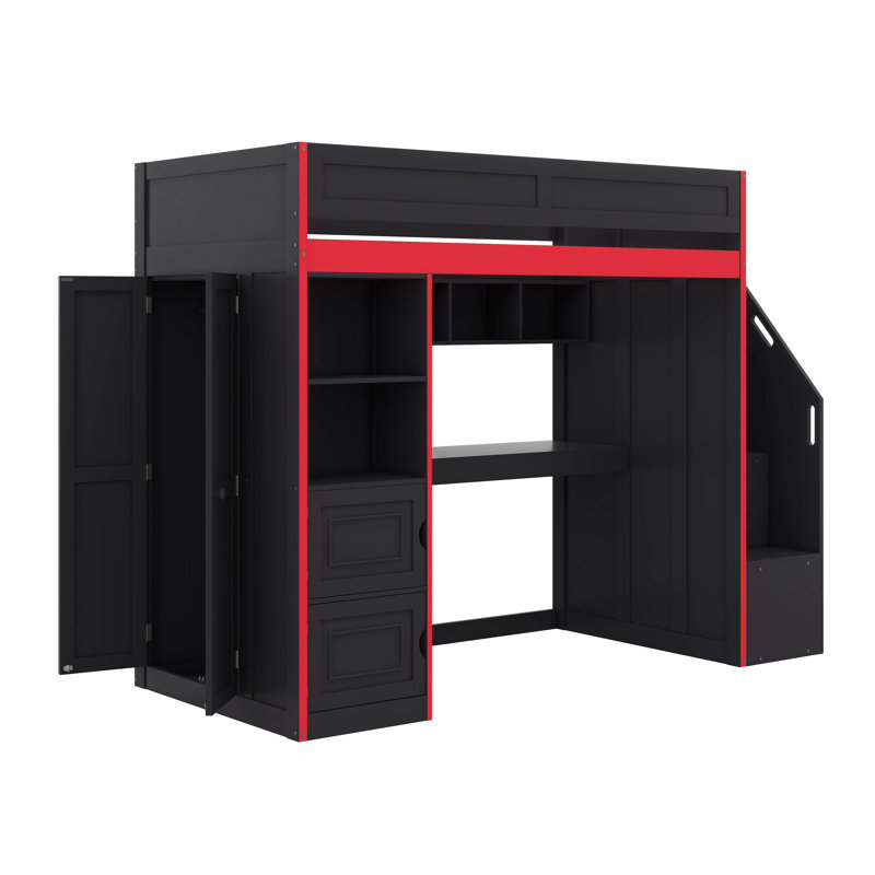 Lit mezzanine simple avec bureau et rangement, lit mezzanine en bois robuste avec éclairage DEL, armoire et tablettes