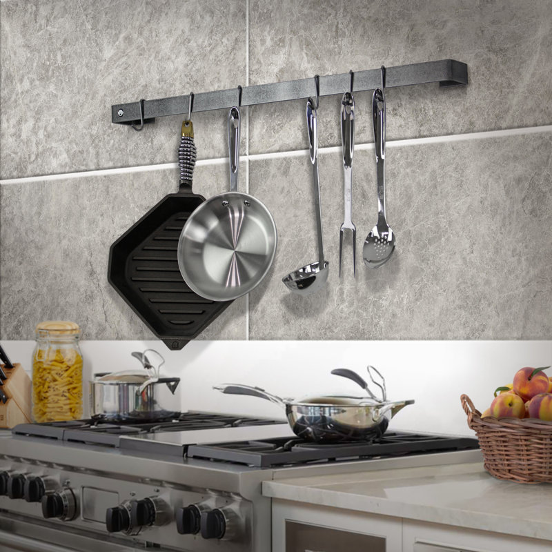 Utensil Bar Handcrafted Wall Mounted Pot Rack, Hammered Steel, 4.5" H x 24" W x 3" D