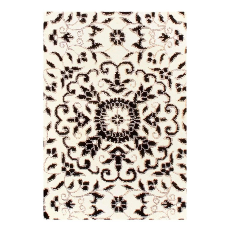 Tapis oriental noir / blanc en coton et laine noué à la main 4 pi x 6 pi Alila