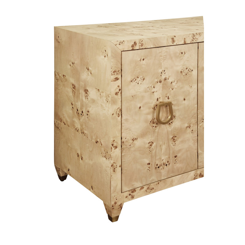 Four Door Buffet With Satin Brass Horsebit Inspired Hardware And Foot Caps In Burl Wood, Burl Wood