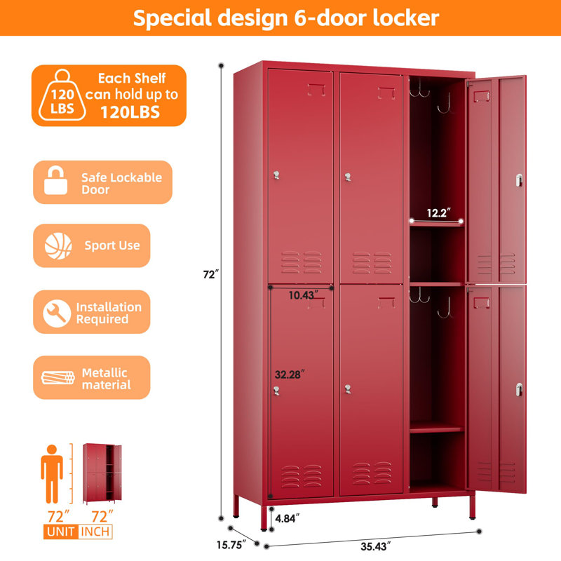 Upgraded Metal Lockers, Designed For Employee Use. Six-door Metal Lockers With Locks And Name Card Slots. Industrial-grade Lockers With 18 Hooks. Suitable For Offices, Gyms, Etc. Self-assembly Required Red