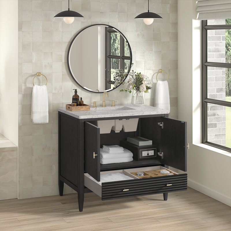 Myrrin 36'' W Single Vanity, Eternal Jasmine Pearl, 8" Widespread, Carbon Oak
