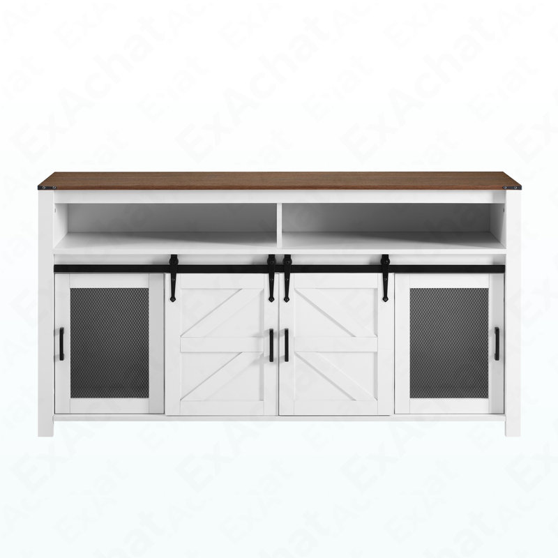 59.3'' Sideboard Buffet With Sliding Barn Door, Mesh Panels & Open Storage For Home & Office, Brown+White