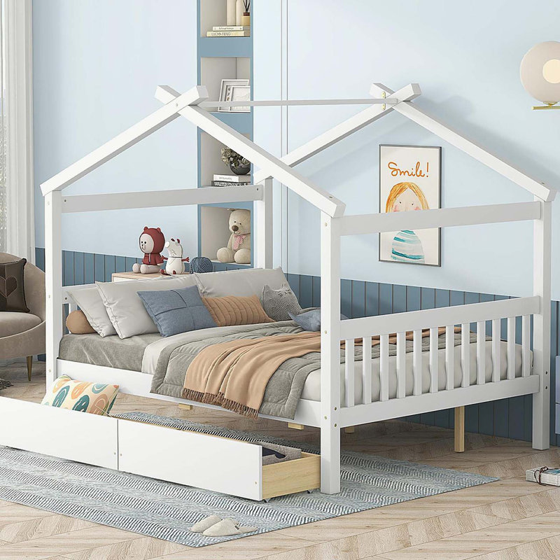 Lit double en bois avec tiroirs, blanc