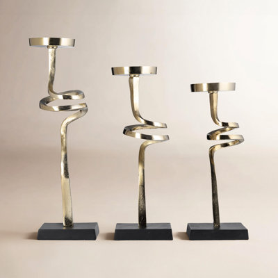 Foxx 11"Hx4" Diameter/13"Hx4" Diameter/16"Hx4" Diameter, Metal, Set of Three Abstract Design Candle Pillar Holders, Gold Finish Patina, Aluminum. Ideal for Weddings, Parties, and Centerpieces.