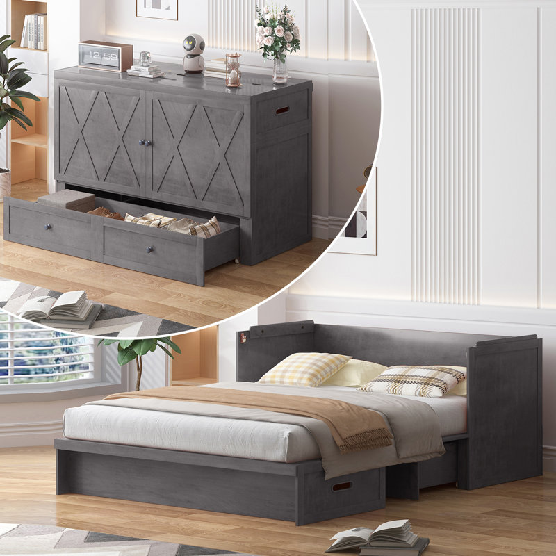 Grand lit escamotable avec matelas, station de charge USB et tiroirs de rangement, gris, Gris