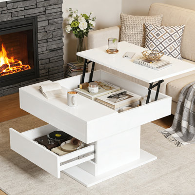 Table basse à plateau relevable avec tiroir et compartiment caché
