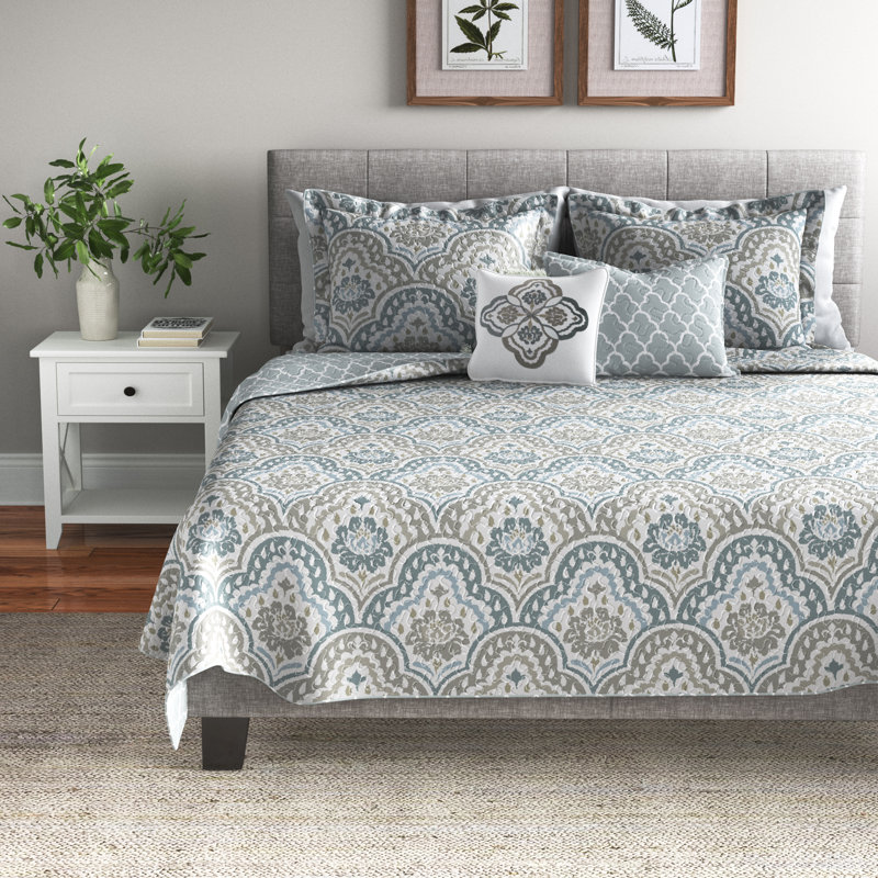 5 Piece Tivoli Ikat Printed Microfiber Quilts Set, Queen Quilt + 2 Standard Shams + 2 Throw Pillows