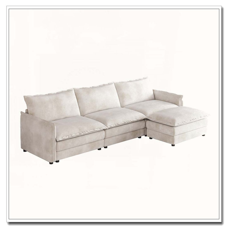 Corduroy Fabric 3-Seater Comfy Cloud Couch with Movable Footrest for Living Room, Beige