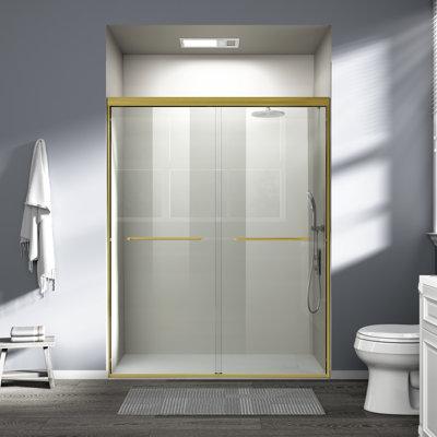 Porte de douche semi-coulissante double de 56 à 60 pouces de large avec verre trempé 1/4, or brossé, coulissante lisse et silencieuse, largeur réglable pour les grandes salles de bain l 60 po x H 72 po H 1/4 po réversible de 6 mm