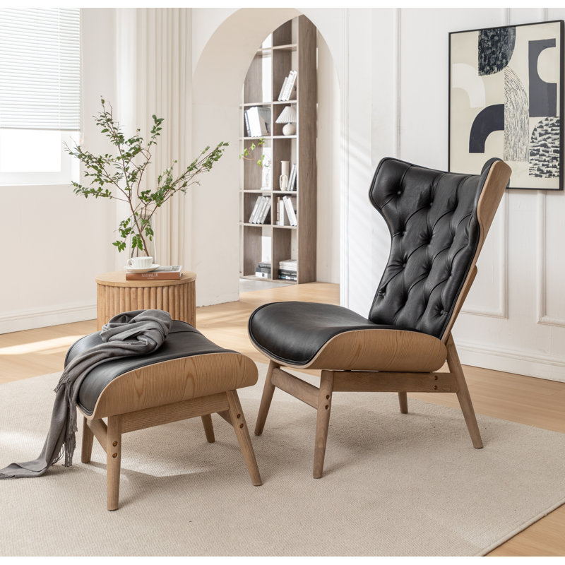 Fauteuil à oreilles et repose-pieds Jeyshan, Similicuir noir