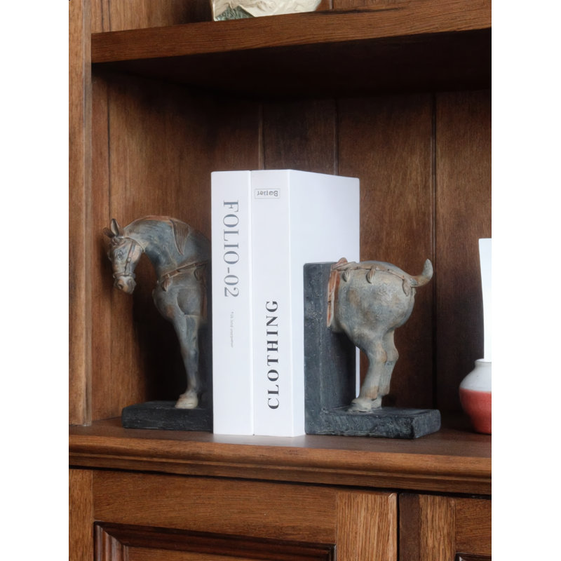 Serre-livres décoratifs en résine vieillie, en forme de cheval, ensemble de 2, pour étagères et bureaux.