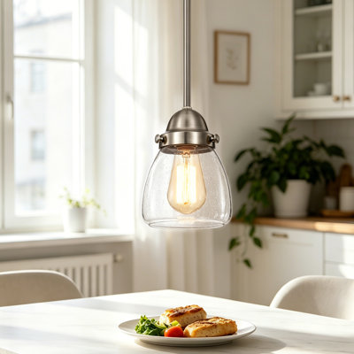 1-Light Brushed Nickel Pendant with Seeded Glass Shade