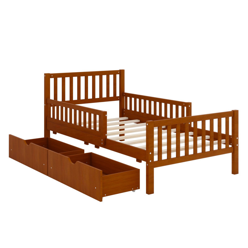 Lit plateforme en bois avec garde-corps des deux côtés et deux tiroirs de rangement, Lit simple