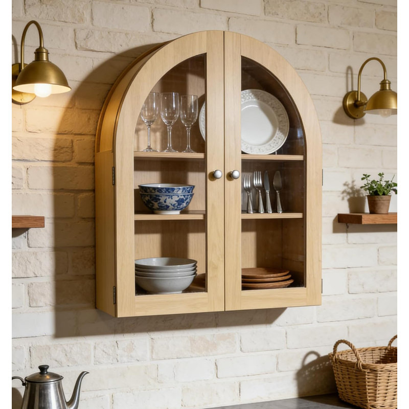  Farmhouse Arched Bathroom Wall Cabinet – Wooden Medicine Cabinet with Acrylic Glass Doors – 3 Adjustable Shelves – Wall Mounted Organizer for Bathroom, Kitchen, Living Room – Oak