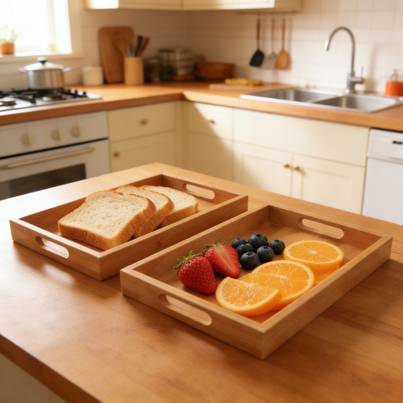 Plateau de rangement en bois de bambou avec poignée Plateau à tasses à café rectangulaires Cuisine Petit déjeuner Assiette à pain Pain Gâteau aux fruits Plateau de service pour aliments 11,8 x 7,8 x 1,5 po