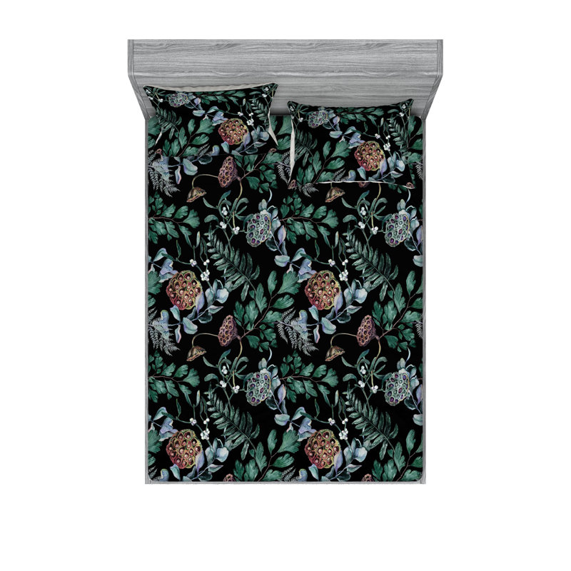 Drap-housse et taies décoratives 3 pièces Ambesonne, Vert jade, gris anthracite, gris / floral