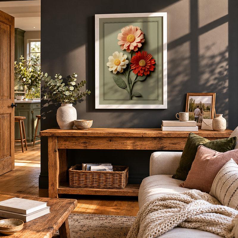Three Gerbera Study Botanical - Framed Print, A4 - 29.7 x 21.0 cm, Oak