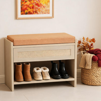 Banc à chaussures d'entrée en rotin de 79 cm avec tiroir de rangement et siège rembourré en lin – Banc à chaussures de style campagnard avec rangement pour le corridor, la porte d'entrée et la chambre
