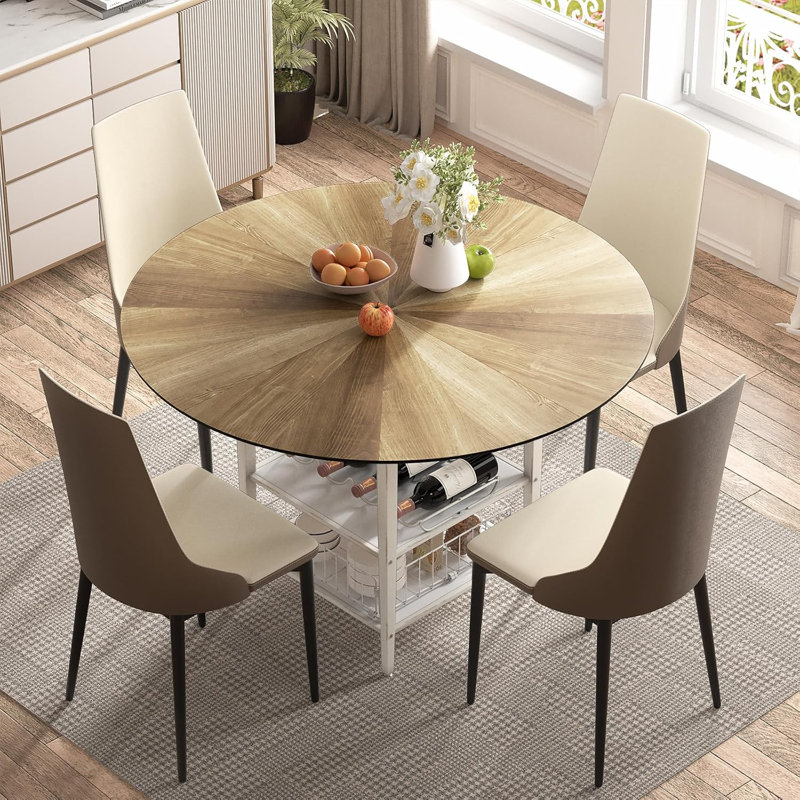 47" Round Dining Table Set for 4–6, Farmhouse Style Table with Chairs and Storage Shelf, Metal Base Kitchen & Dining Room Set