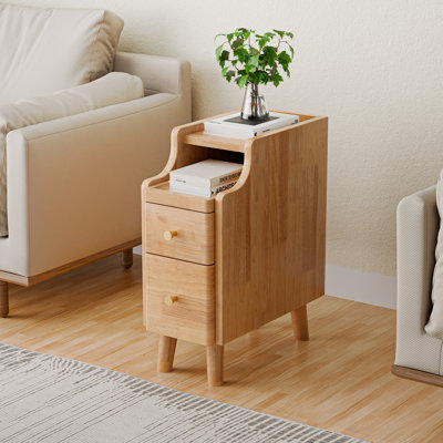 Narrow Nightstand with Drawers, Pre-Assembled Solid Wood Small Skinny Night Stand with Open Sliding Shelf by George Oliver