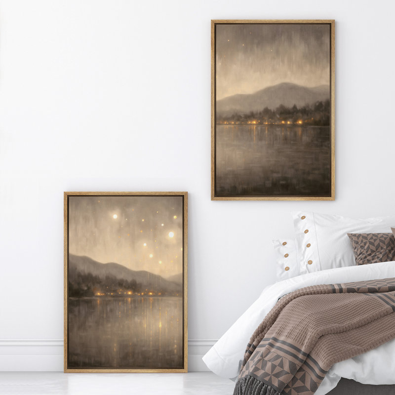 «Golden Night Lake with Mountains and Glowing Lights», reproduction d'art sur toile encadrée dans la chambre principale, 2