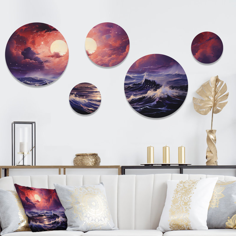 Océan coucher de soleil tempête 1 - ensemble d'art mural rond 5 tempêtes
