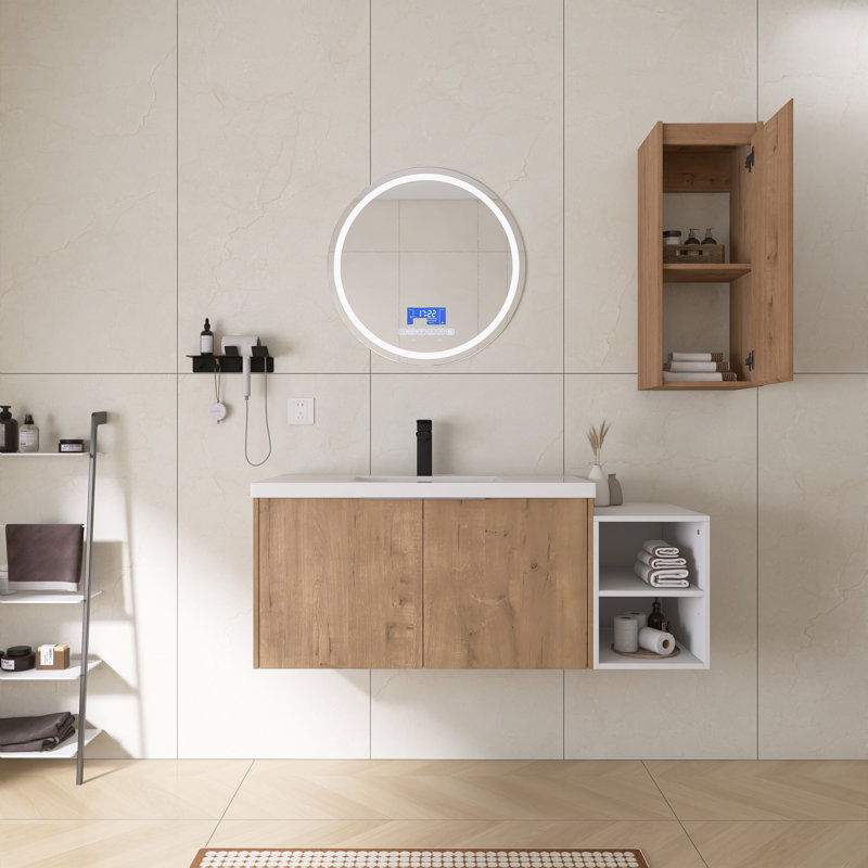 Ensemble de meuble-lavabo double mural 48 po avec lavabo en résine, petite tablette de rangement et armoire murale 48 po, 48"