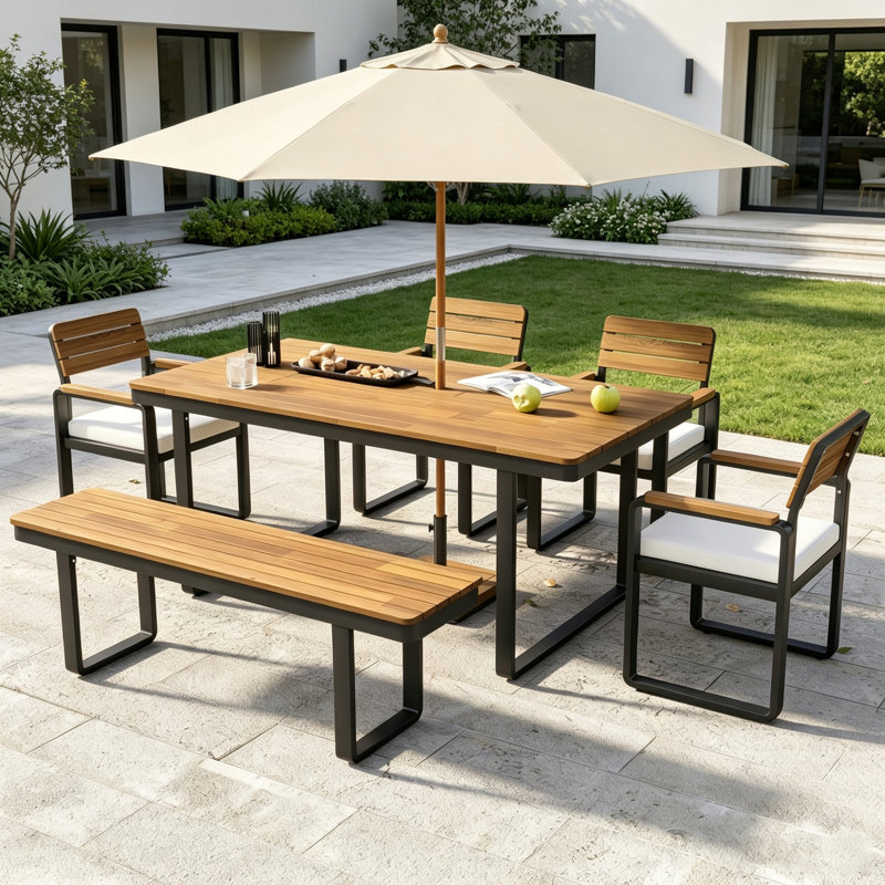 Ensemble de salle à manger de patio en bois massif pour 6 à 7 personnes, trou de parasol inclus, avec 1 table, 4 chaises et 1 banc, coussins beiges amovibles