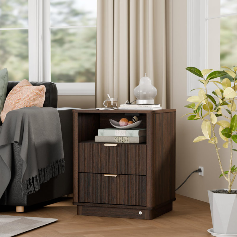 Curved Night Stand With Charging Station Lighting,Modern Side Table Storage Cabinet For Bedroom Office(1), Walnut, Set of 2